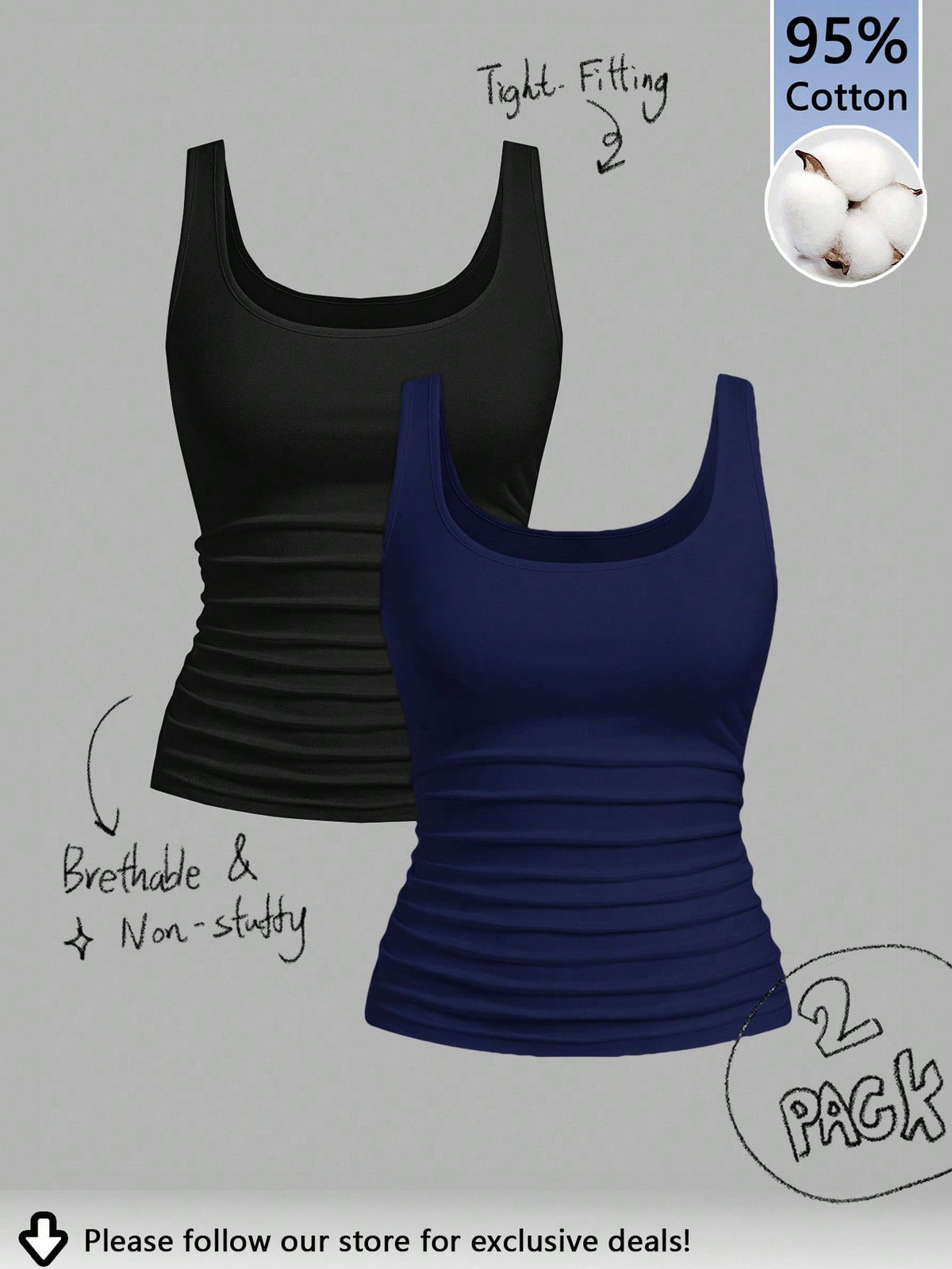 Tseoso 95% Cotton Women's Casual Large Scoop Neck Ruched Fitted Tank Top Set, Suitable For Daily Wear, Versatile