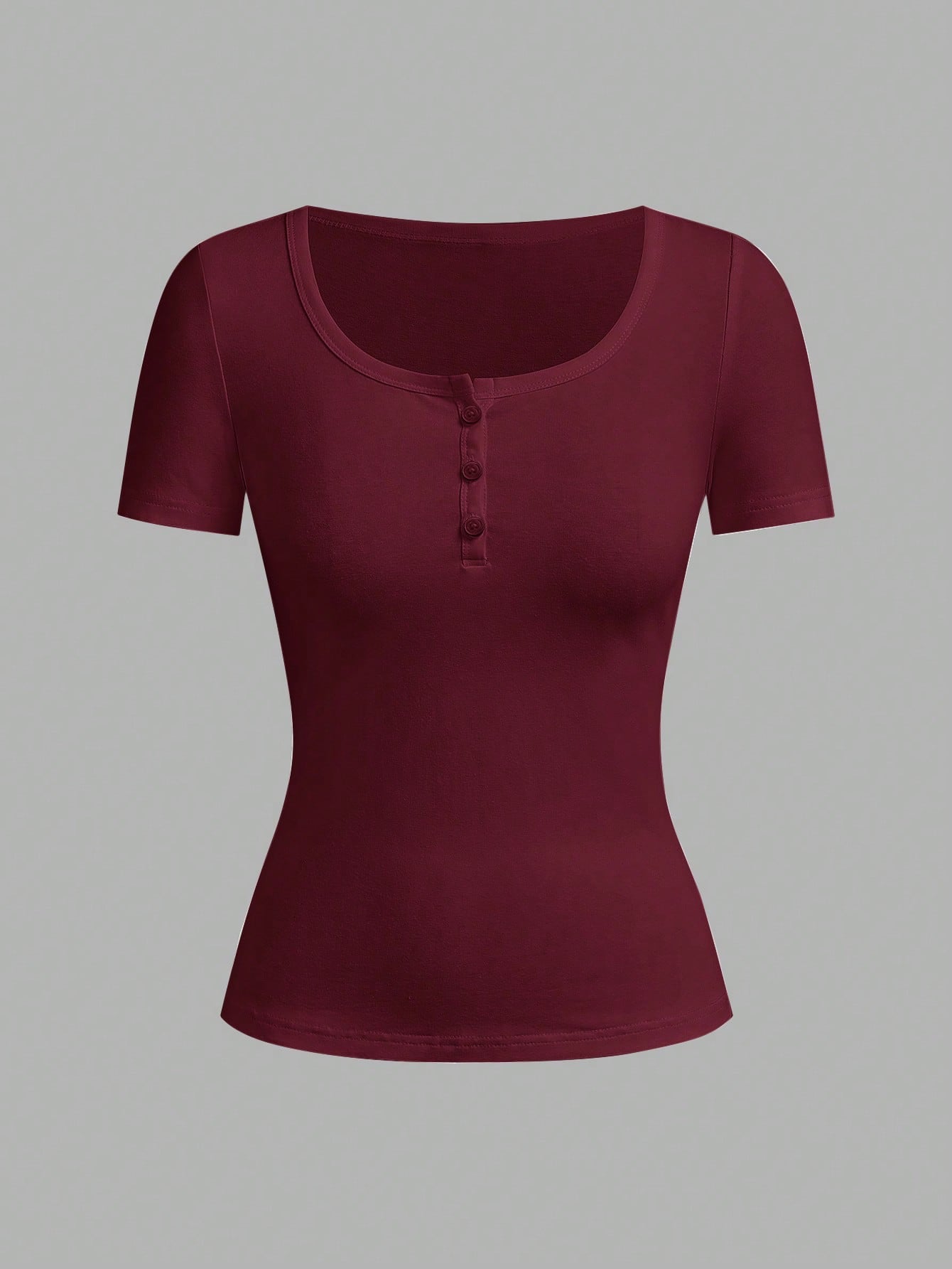 Tseoso Casual Minimalist Burgundy Cotton Henley Neck Short Sleeve Women's T-Shirt Suitable For Summer