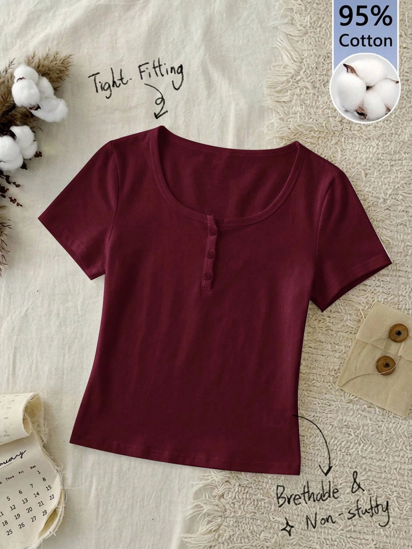 Tseoso Casual Minimalist Burgundy Cotton Henley Neck Short Sleeve Women's T-Shirt Suitable For Summer