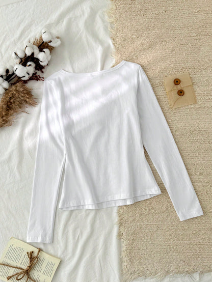 Tseoso Women's 95% Cotton White Shirt,Small V-Neck Half-Placket T-Shirt,Casual Everyday Autumn Clothes,Slim Cozy Chic Vintage Soft Girl Style Daily Wear