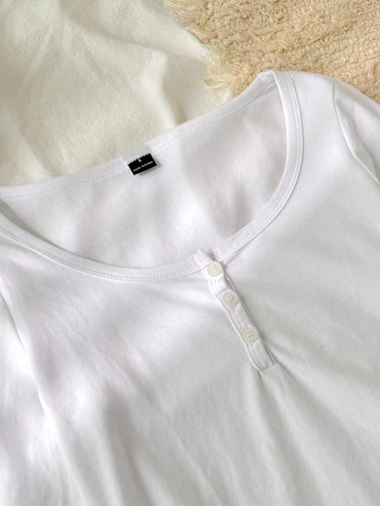 Tseoso Women's 95% Cotton White Shirt,Small V-Neck Half-Placket T-Shirt,Casual Everyday Autumn Clothes,Slim Cozy Chic Vintage Soft Girl Style Daily Wear