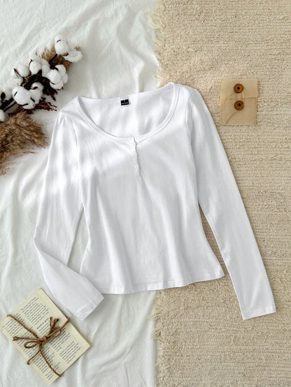 Tseoso Women's 95% Cotton White Shirt,Small V-Neck Half-Placket T-Shirt,Casual Everyday Autumn Clothes,Slim Cozy Chic Vintage Soft Girl Style Daily Wear