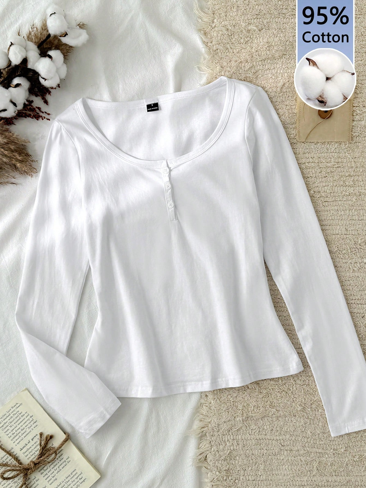 Tseoso Women's 95% Cotton White Shirt,Small V-Neck Half-Placket T-Shirt,Casual Everyday Autumn Clothes,Slim Cozy Chic Vintage Soft Girl Style Daily Wear
