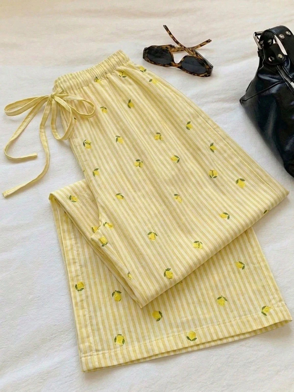 Tseoso Women's Cute Striped Lemon Pattern Print Drawstring Waist Casual Long Pants