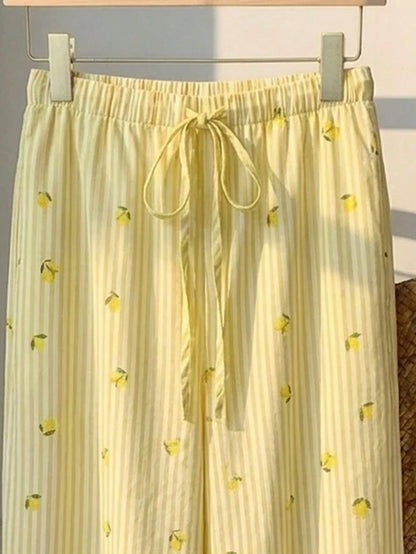 Tseoso Women's Cute Striped Lemon Pattern Print Drawstring Waist Casual Long Pants
