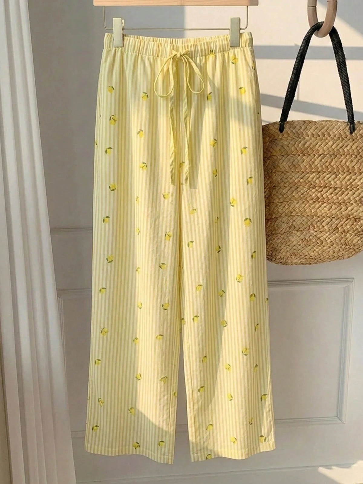 Tseoso Women's Cute Striped Lemon Pattern Print Drawstring Waist Casual Long Pants