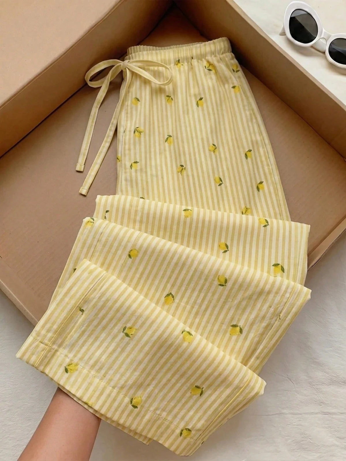 Tseoso Women's Cute Striped Lemon Pattern Print Drawstring Waist Casual Long Pants