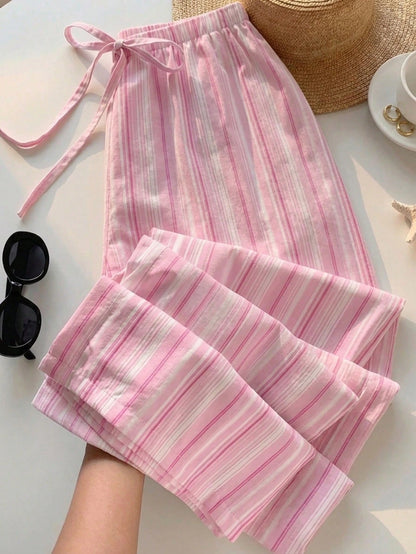 Tseoso Women's Cute Striped Lemon Pattern Print Drawstring Waist Casual Long Pants