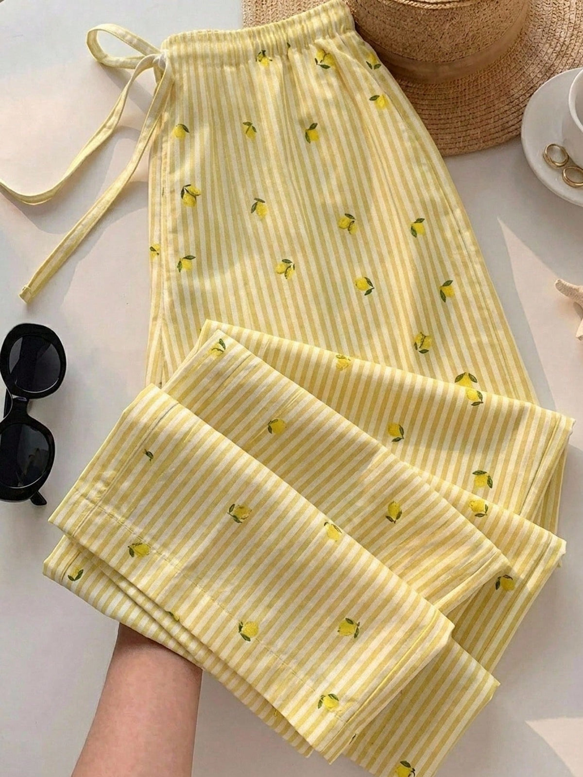 Tseoso Women's Cute Striped Lemon Pattern Print Drawstring Waist Casual Long Pants