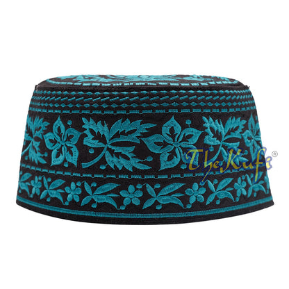Turquoise Omani African Yemeni Embroidered Leaf & Flower Design Muslim Kufi Hat
