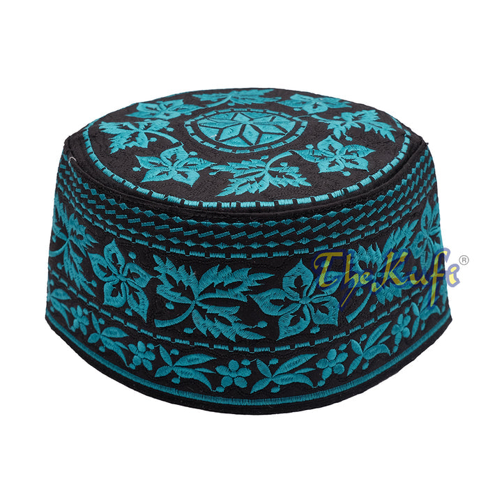 Turquoise Omani African Yemeni Embroidered Leaf & Flower Design Muslim Kufi Hat