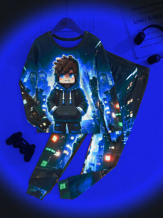 Tween Boy Cartoon Print Crew Neck Long Sleeve Top And Pants Loungewear Set