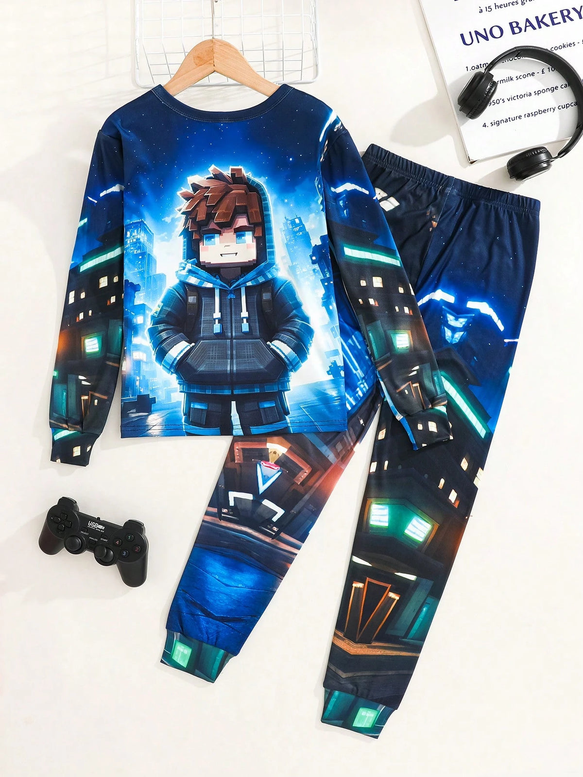 Tween Boy Cartoon Print Crew Neck Long Sleeve Top And Pants Loungewear Set