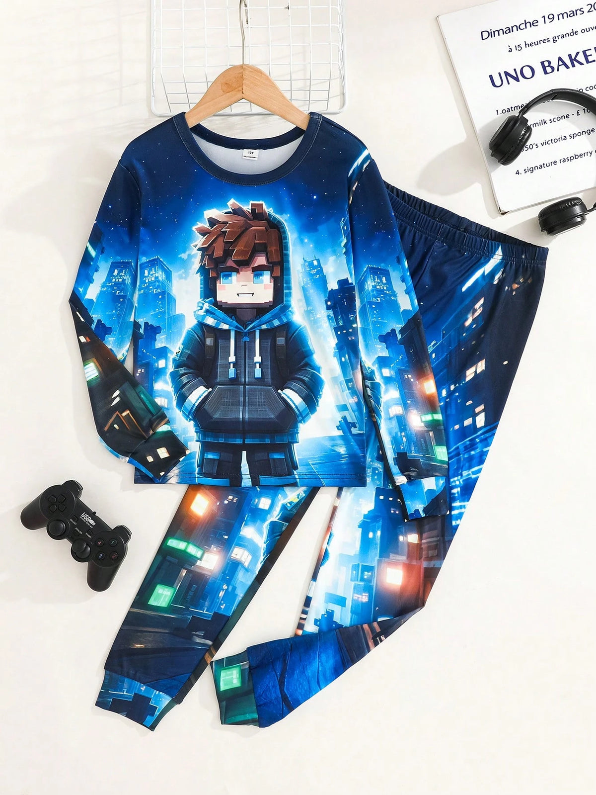 Tween Boy Cartoon Print Crew Neck Long Sleeve Top And Pants Loungewear Set