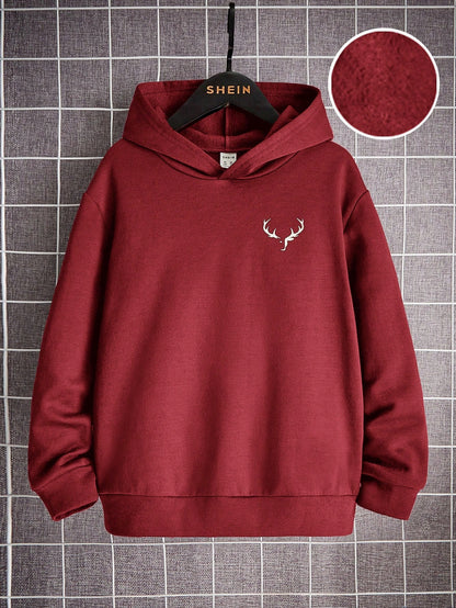 Tween Boy Deer Horn Print Thermal Lined Sweatshirt, Casual For Autumn/Winter, Red Sweatshirts Sweatshirt, Winter, Sweatshirts,Winter,Fall Tops