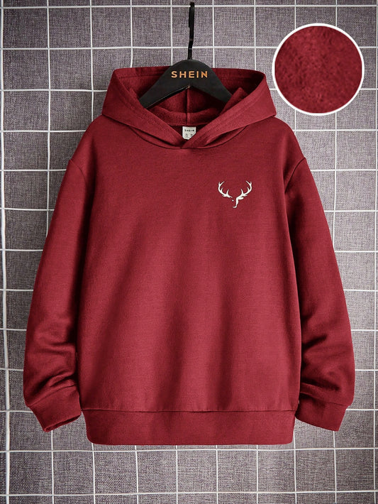Tween Boy Deer Horn Print Thermal Lined Sweatshirt, Casual For Autumn/Winter, Red Sweatshirts Sweatshirt, Winter, Sweatshirts,Winter,Fall Tops
