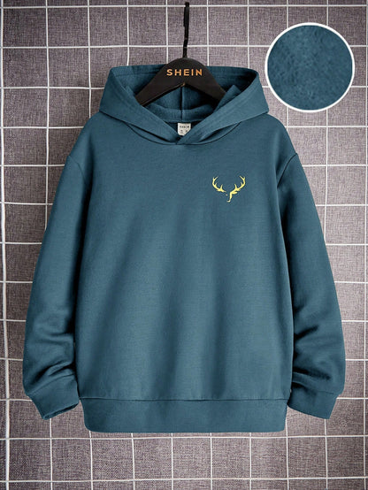 Tween Boy Deer Horn Print Thermal Lined Sweatshirt, Casual For Autumn/Winter, Red Sweatshirts Sweatshirt, Winter, Sweatshirts,Winter,Fall Tops