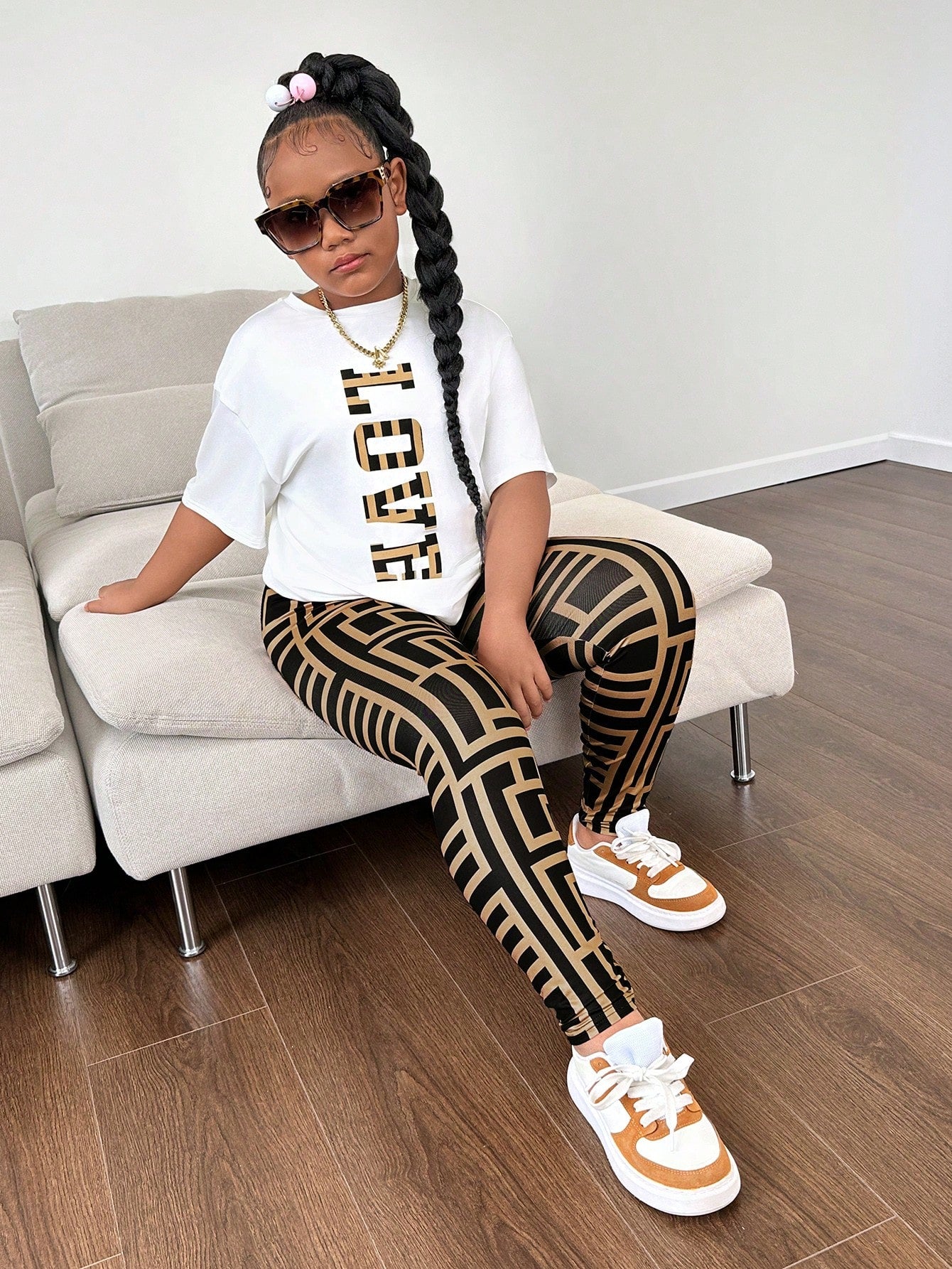 Tween Girl Extended Size Casual Knitted Short Sleeve Top And Long Pants Set, Spring/Summer