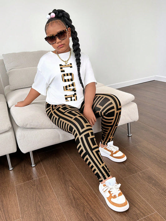 Tween Girl Extended Size Casual Knitted Short Sleeve Top And Long Pants Set, Spring/Summer
