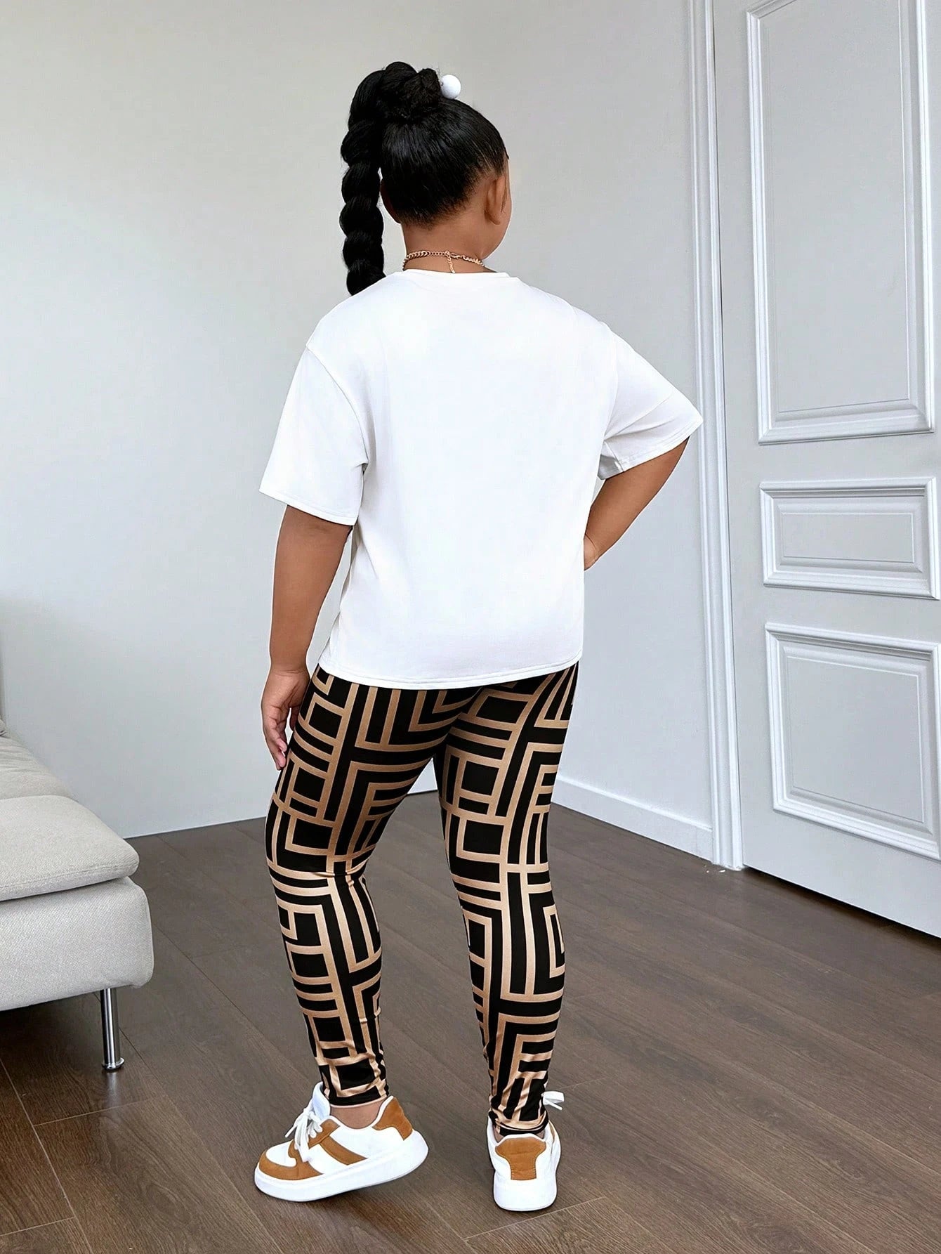 Tween Girl Extended Size Casual Knitted Short Sleeve Top And Long Pants Set, Spring/Summer