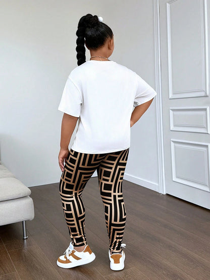 Tween Girl Extended Size Casual Knitted Short Sleeve Top And Long Pants Set, Spring/Summer