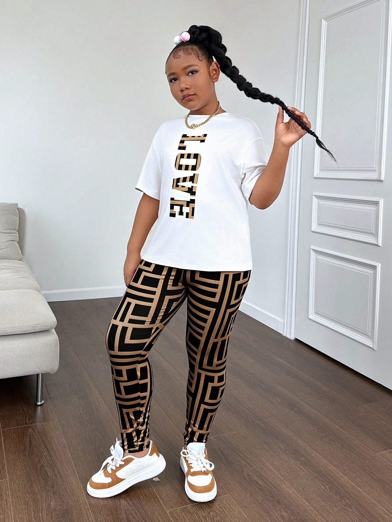Tween Girl Extended Size Casual Knitted Short Sleeve Top And Long Pants Set, Spring/Summer
