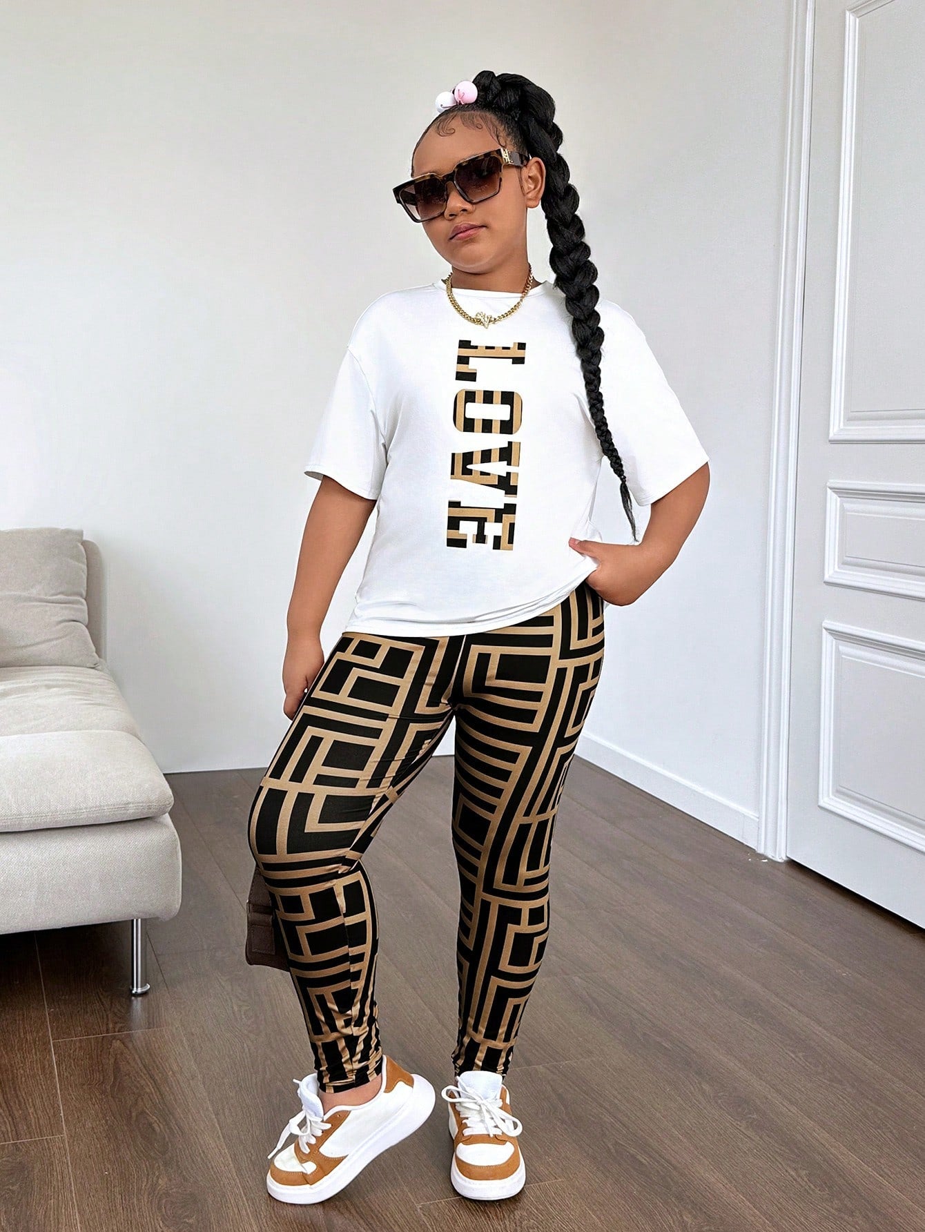 Tween Girl Extended Size Casual Knitted Short Sleeve Top And Long Pants Set, Spring/Summer