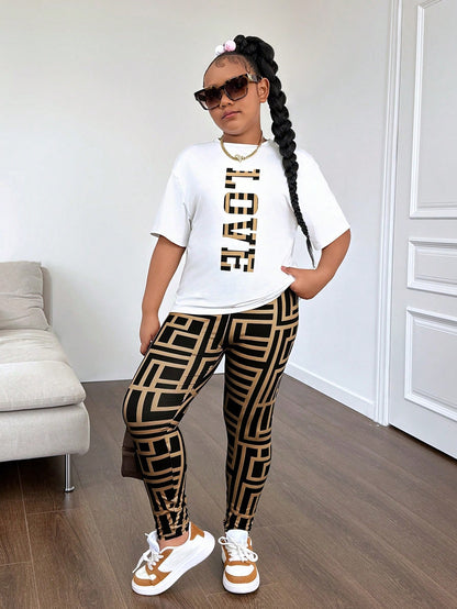 Tween Girl Extended Size Casual Knitted Short Sleeve Top And Long Pants Set, Spring/Summer