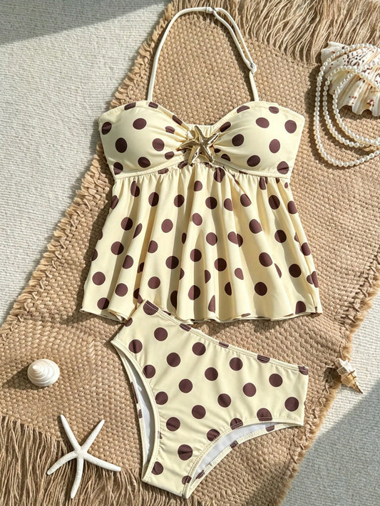 Tween Girls Tankini Set, Knit Yellow Polka Dot Print With Metallic Star Decor, Halter Neck Ruffle Swimsuit, Beach Vacation