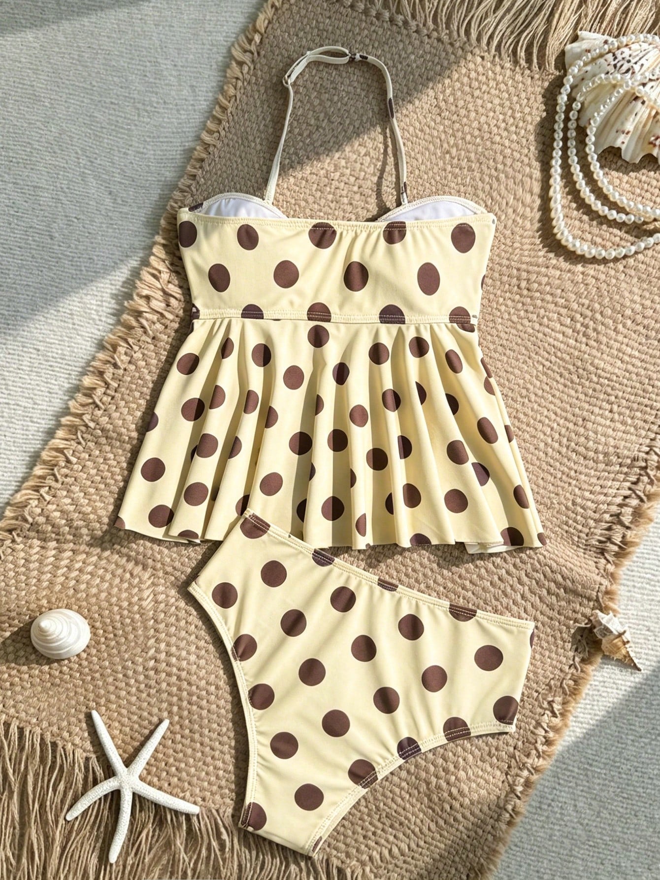 Tween Girls Tankini Set, Knit Yellow Polka Dot Print With Metallic Star Decor, Halter Neck Ruffle Swimsuit, Beach Vacation