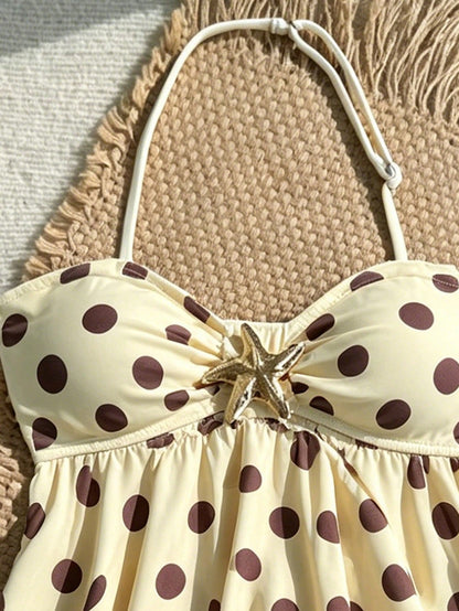 Tween Girls Tankini Set, Knit Yellow Polka Dot Print With Metallic Star Decor, Halter Neck Ruffle Swimsuit, Beach Vacation