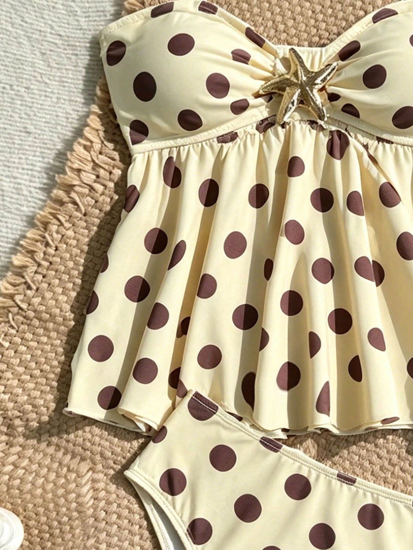 Tween Girls Tankini Set, Knit Yellow Polka Dot Print With Metallic Star Decor, Halter Neck Ruffle Swimsuit, Beach Vacation