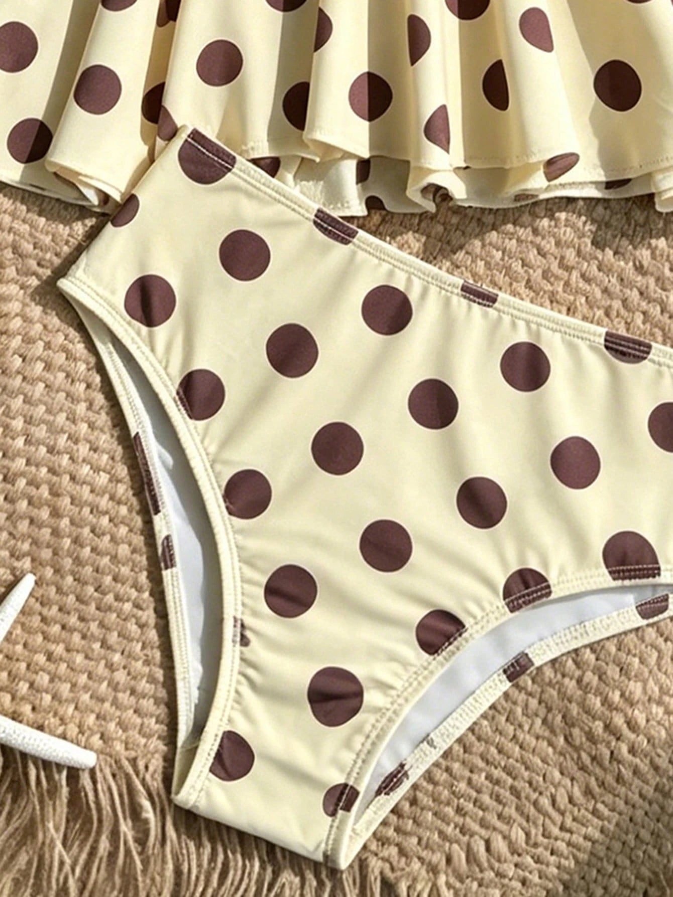Tween Girls Tankini Set, Knit Yellow Polka Dot Print With Metallic Star Decor, Halter Neck Ruffle Swimsuit, Beach Vacation