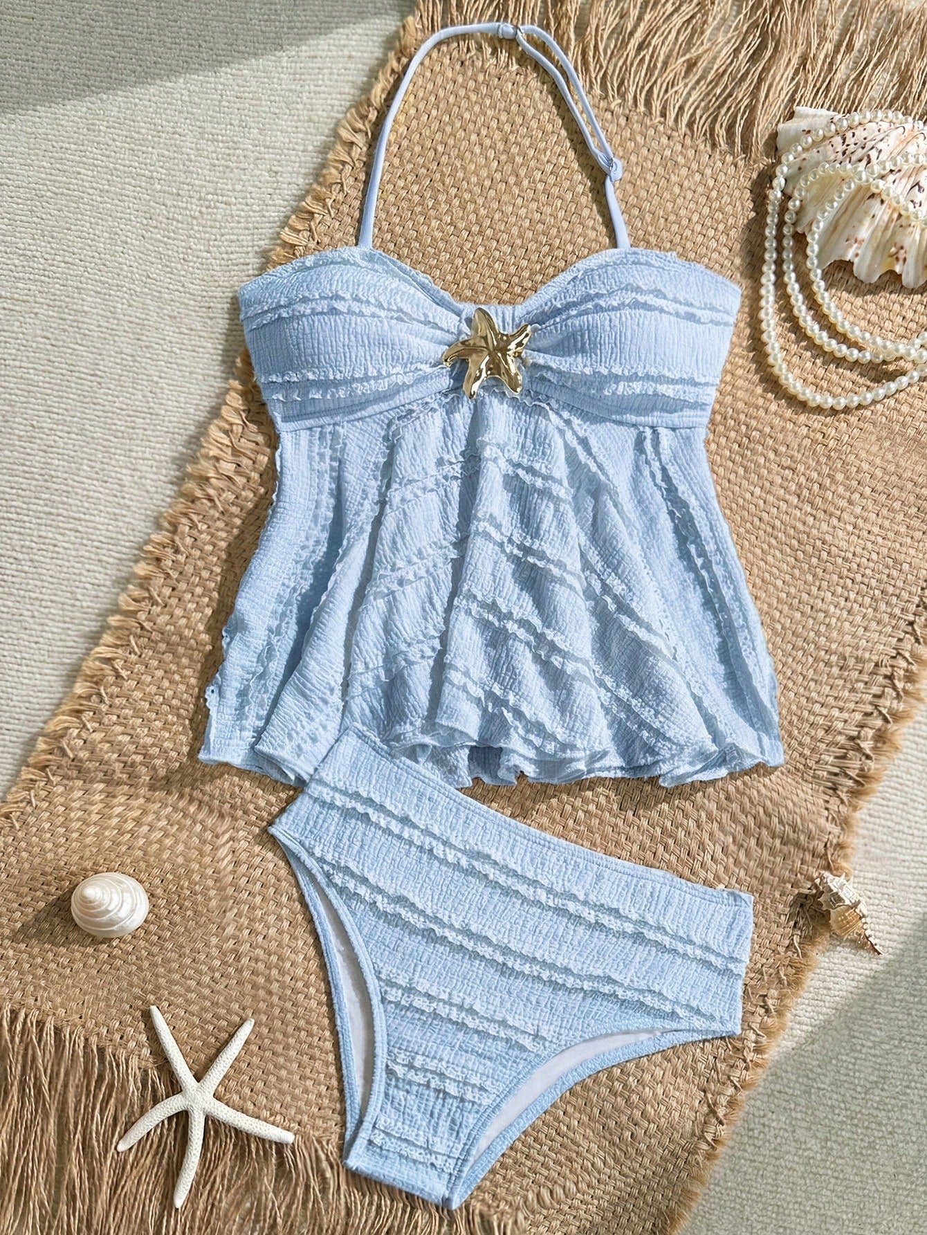 Tween Girls Tankini Set, Knit Yellow Polka Dot Print With Metallic Star Decor, Halter Neck Ruffle Swimsuit, Beach Vacation