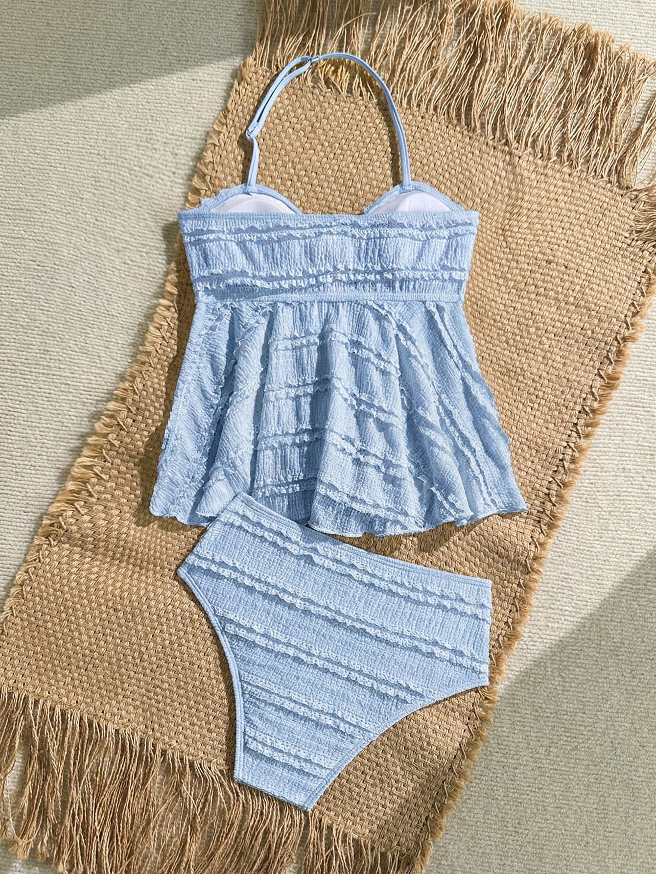 Tween Girls Tankini Set, Knit Yellow Polka Dot Print With Metallic Star Decor, Halter Neck Ruffle Swimsuit, Beach Vacation