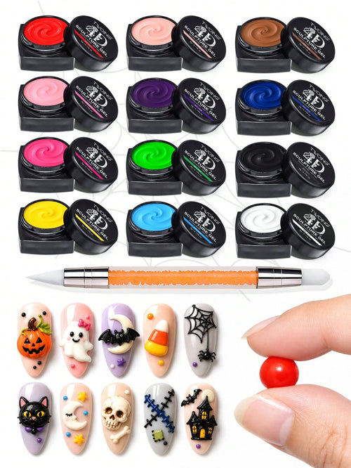 TWOING 12 Colors Halloween 3D 4D Sculpture Gel Kit With Nail Art Pen, Non-Sticky Soak Off Carving And Sculpting Gel, Firm Texture Embossed Painting Gel For Pumpkin Ghost Spider Web DIY Nail Design Sal