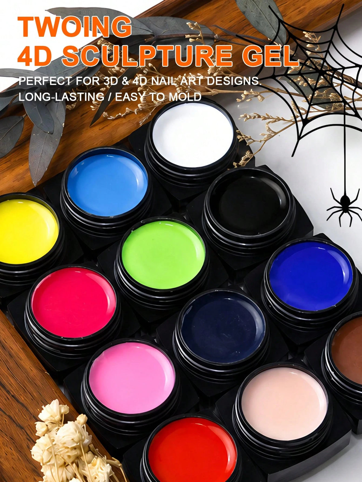 TWOING 12 Colors Halloween 3D 4D Sculpture Gel Kit With Nail Art Pen, Non-Sticky Soak Off Carving And Sculpting Gel, Firm Texture Embossed Painting Gel For Pumpkin Ghost Spider Web DIY Nail Design Sal
