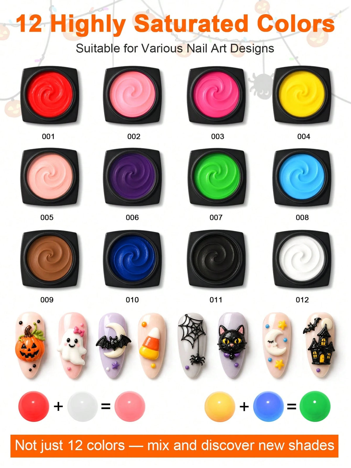 TWOING 12 Colors Halloween 3D 4D Sculpture Gel Kit With Nail Art Pen, Non-Sticky Soak Off Carving And Sculpting Gel, Firm Texture Embossed Painting Gel For Pumpkin Ghost Spider Web DIY Nail Design Sal
