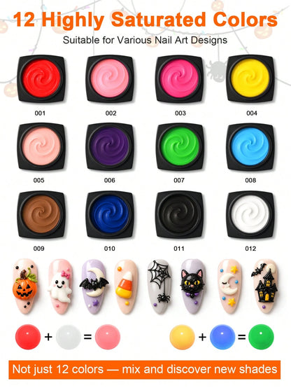 TWOING 12 Colors Halloween 3D 4D Sculpture Gel Kit With Nail Art Pen, Non-Sticky Soak Off Carving And Sculpting Gel, Firm Texture Embossed Painting Gel For Pumpkin Ghost Spider Web DIY Nail Design Sal
