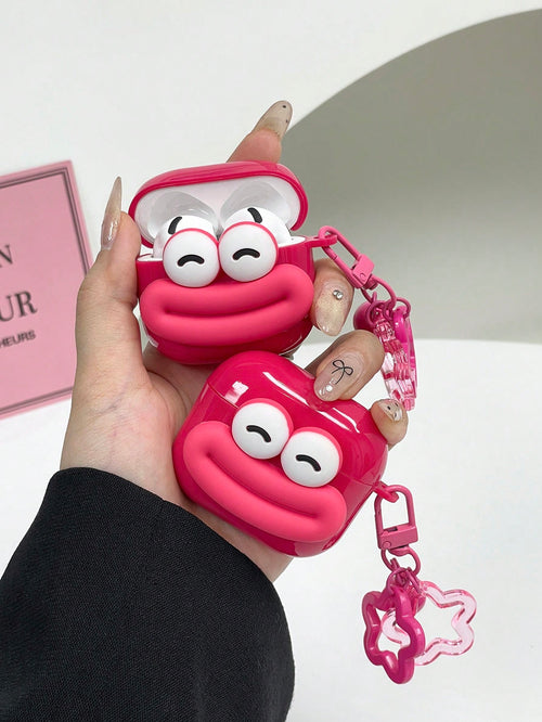 Ugly Cute Interesting Pink 3D Big Eye Mouth Design Bluetooth Earphone Case 1 Pc Protective Case + Flower Hook Lanyard Strap Compatible With Apple S1/S2, Pro 2/3, 4 Spring Gift