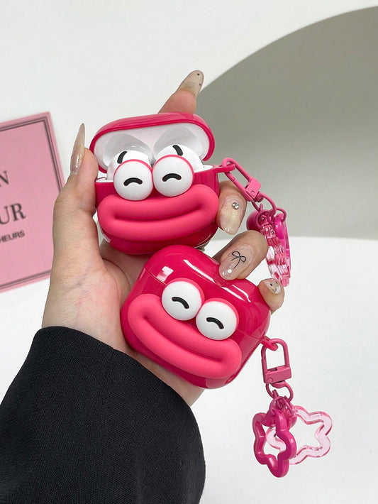 Ugly Cute Interesting Pink 3D Big Eye Mouth Design Bluetooth Earphone Case 1 Pc Protective Case + Flower Hook Lanyard Strap Compatible With Apple S1/S2, Pro 2/3, 4 Spring Gift