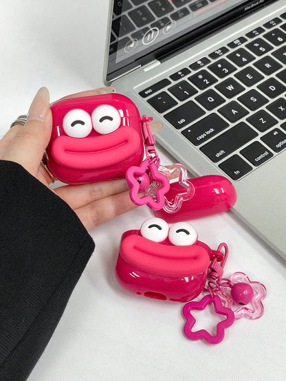 Ugly Cute Interesting Pink 3D Big Eye Mouth Design Bluetooth Earphone Case 1 Pc Protective Case + Flower Hook Lanyard Strap Compatible With Apple S1/S2, Pro 2/3, 4 Spring Gift