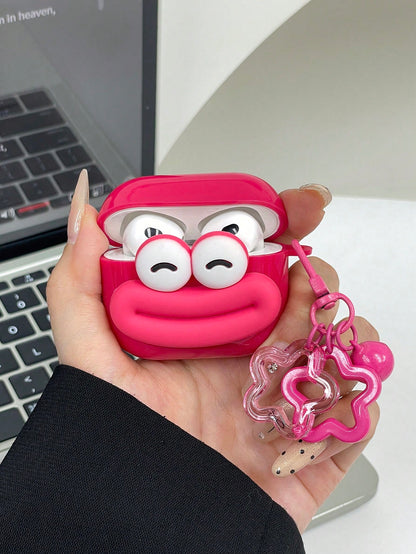 Ugly Cute Interesting Pink 3D Big Eye Mouth Design Bluetooth Earphone Case 1 Pc Protective Case + Flower Hook Lanyard Strap Compatible With Apple S1/S2, Pro 2/3, 4 Spring Gift