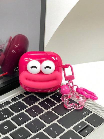 Ugly Cute Interesting Pink 3D Big Eye Mouth Design Bluetooth Earphone Case 1 Pc Protective Case + Flower Hook Lanyard Strap Compatible With Apple S1/S2, Pro 2/3, 4 Spring Gift