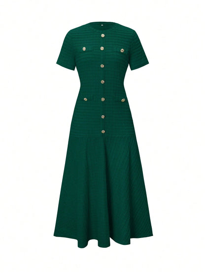 Unadoll Women Fall Dark Green Tweed Mermaid Midi Dress,Short Sleeve Button Bodycon Dress For Back To School Birthday Date Night Elegant Summer