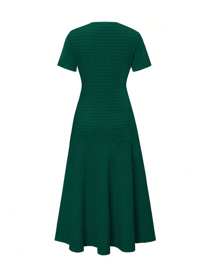 Unadoll Women Fall Dark Green Tweed Mermaid Midi Dress,Short Sleeve Button Bodycon Dress For Back To School Birthday Date Night Elegant Summer