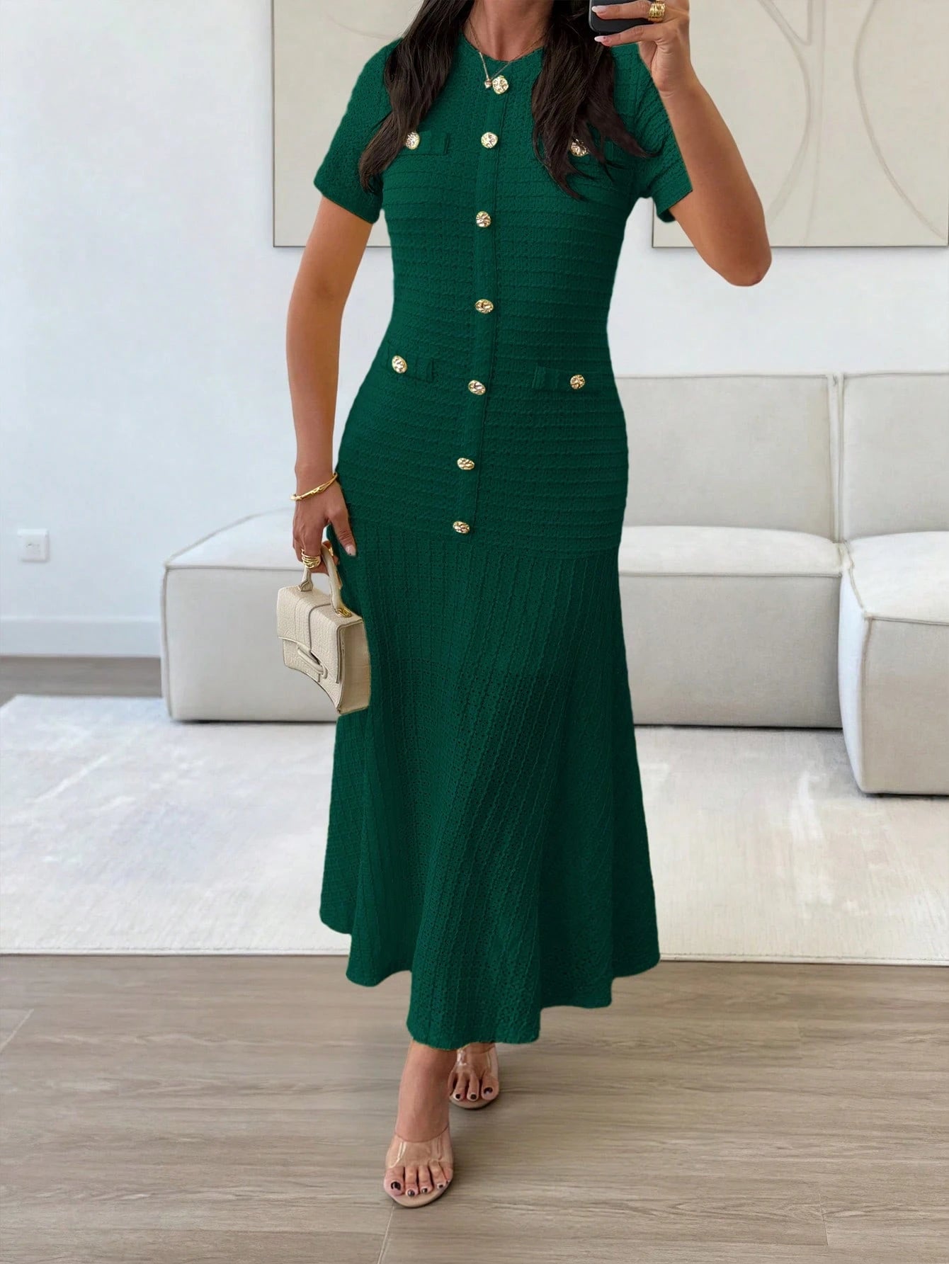 Unadoll Women Fall Dark Green Tweed Mermaid Midi Dress,Short Sleeve Button Bodycon Dress For Back To School Birthday Date Night Elegant Summer