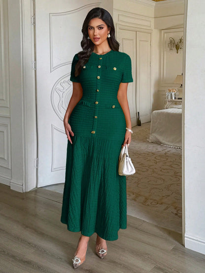 Unadoll Women Fall Dark Green Tweed Mermaid Midi Dress,Short Sleeve Button Bodycon Dress For Back To School Birthday Date Night Elegant Summer