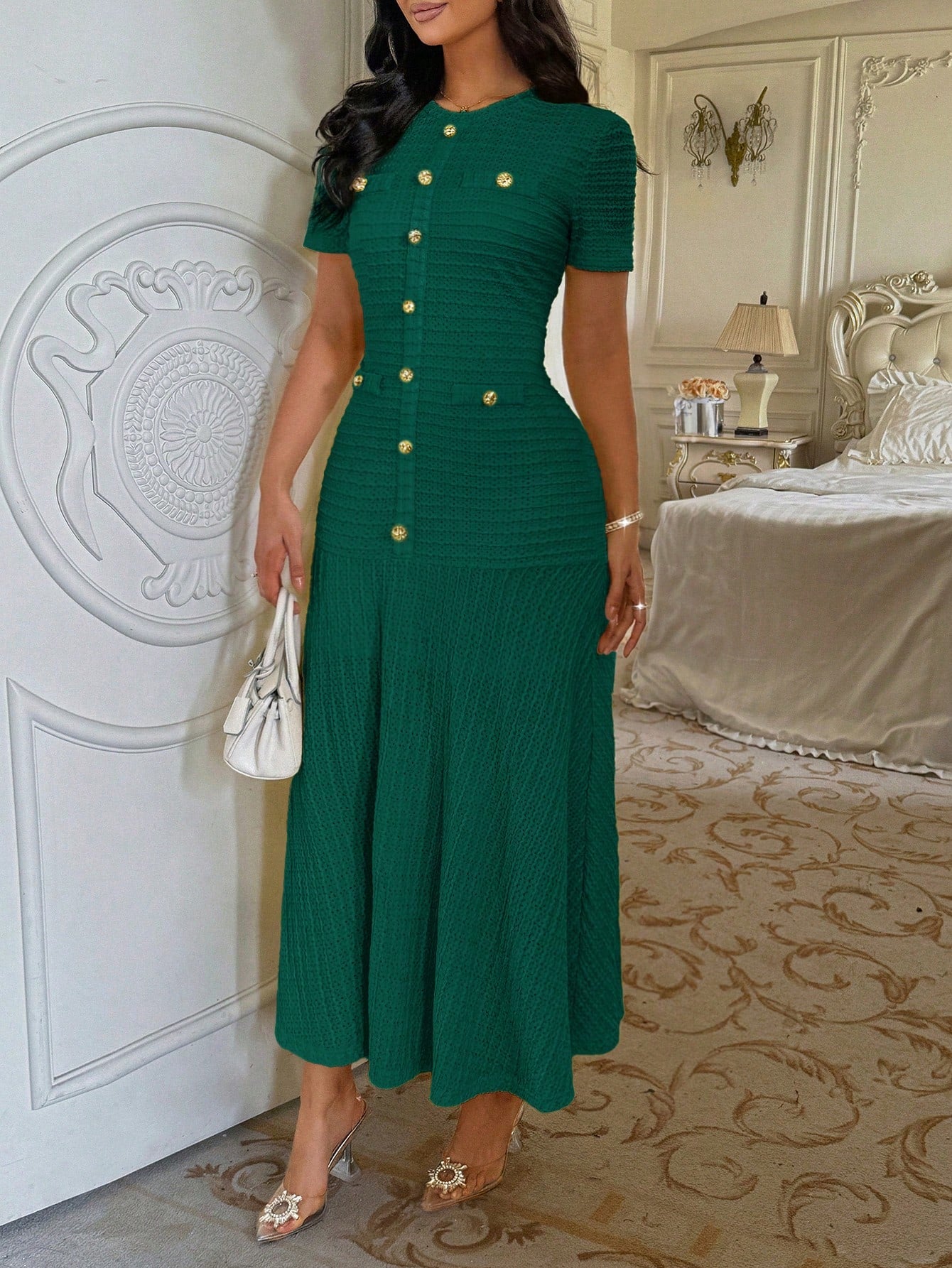 Unadoll Women Fall Dark Green Tweed Mermaid Midi Dress,Short Sleeve Button Bodycon Dress For Back To School Birthday Date Night Elegant Summer