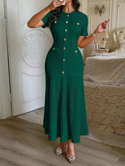 Unadoll Women Fall Dark Green Tweed Mermaid Midi Dress,Short Sleeve Button Bodycon Dress For Back To School Birthday Date Night Elegant Summer